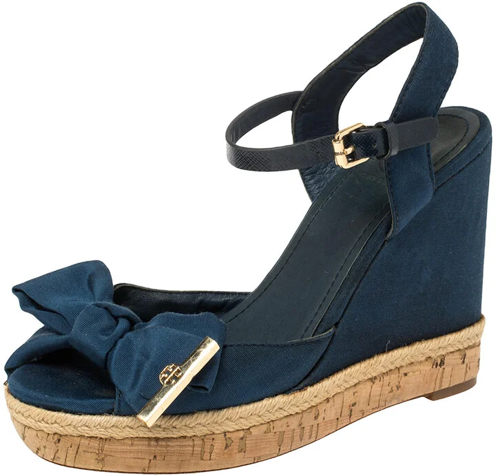 Tory Burch Blue Fabric And Leather Espadrille Wedge Ankle Strap Sandals Size 37