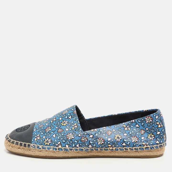 Tory Burch Blue Floral Leather Logo Cap Toe Espadrille Flats Size 38.5