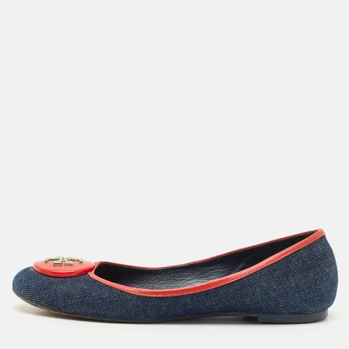 Tory Burch Blue/Red Denim and Leather Reva Ballet Flats Size 38.5