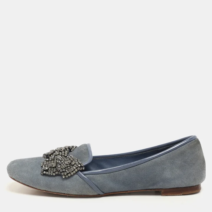 Tory Burch Blue Suede Carissa Smoking Slipper Size 36.5