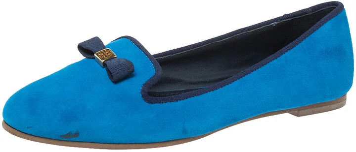 Tory Burch Blue Suede Leather Bow Slip On Loafers Size 38