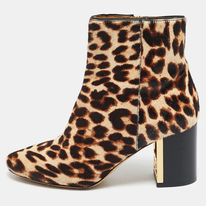 Tory Burch Brown Calf Hair Leopard Print Gigi Ankle Length Boots Size 36.5