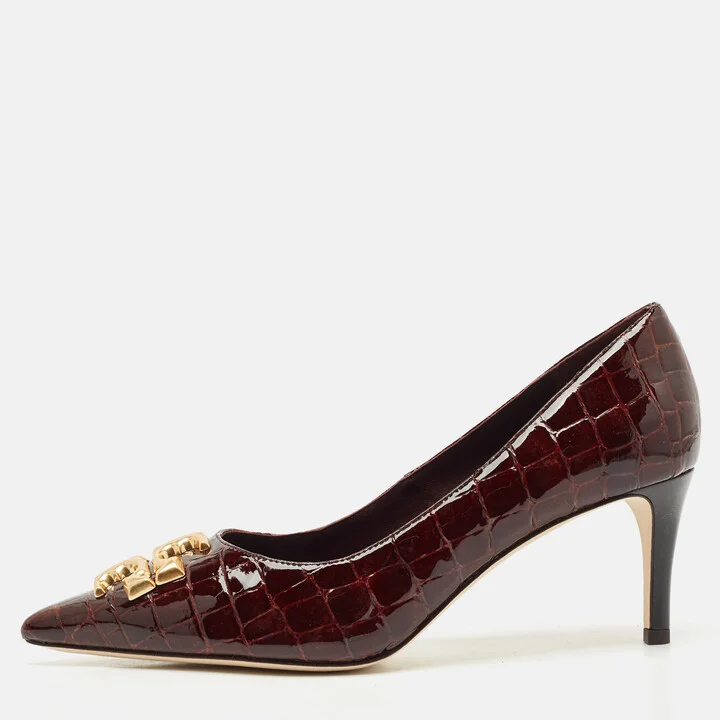 Tory Burch Brown Croc Embossed Patent Leather Eleanor Pointed Toe Pumps Size 39