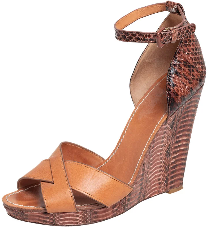 Tory Burch Brown Leather and Python Platform Wedge Ankle Strap Sandals Size 40