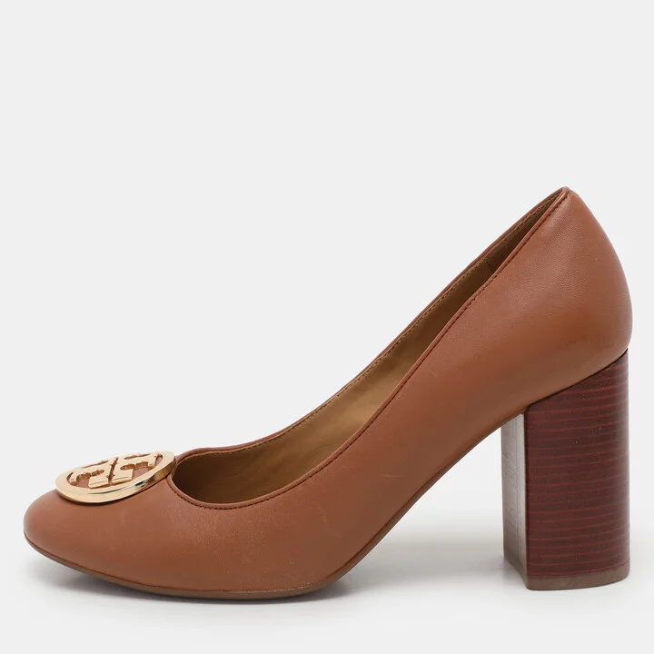 Tory Burch Brown Leather Block Heel Pumps Size 37