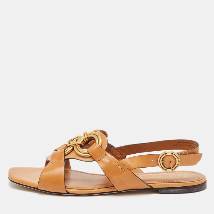 Tory Burch Brown Leather Crystal Embellished Slingback Flat Sandals Size 38