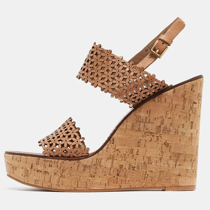 Tory Burch Brown Leather Daisy Wedge Sandals Size 40.5