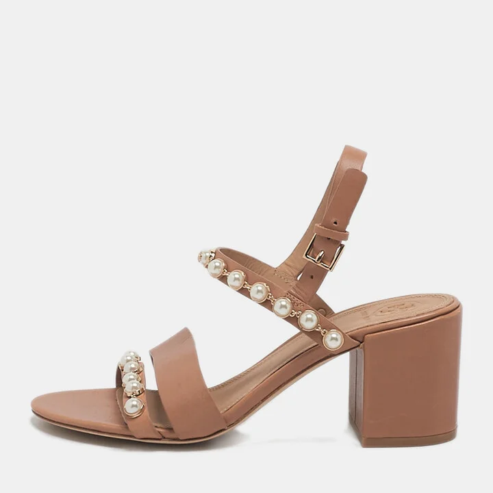 Tory Burch Brown Leather Emmy Pearl Ankle Strap Sandals Size 37
