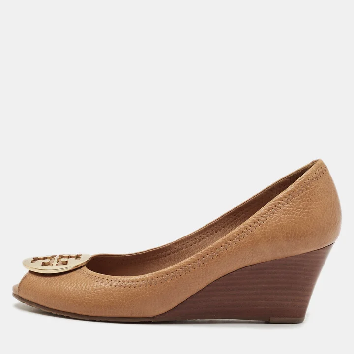 Tory Burch Brown Leather Selma Wedge Pumps Size 39.5