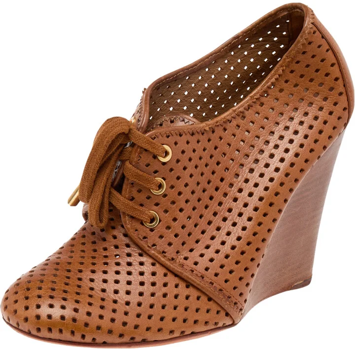 Tory Burch Brown Perforated Leather Wedge Sneakers Size 38.5