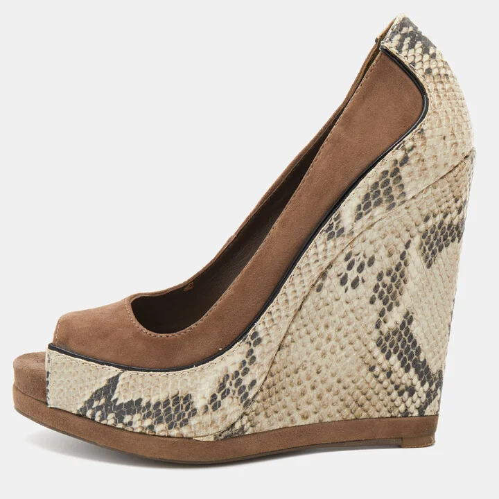 Tory Burch Brown Suede and Python Embossed Leather Sandra Wedge Pumps Size 38