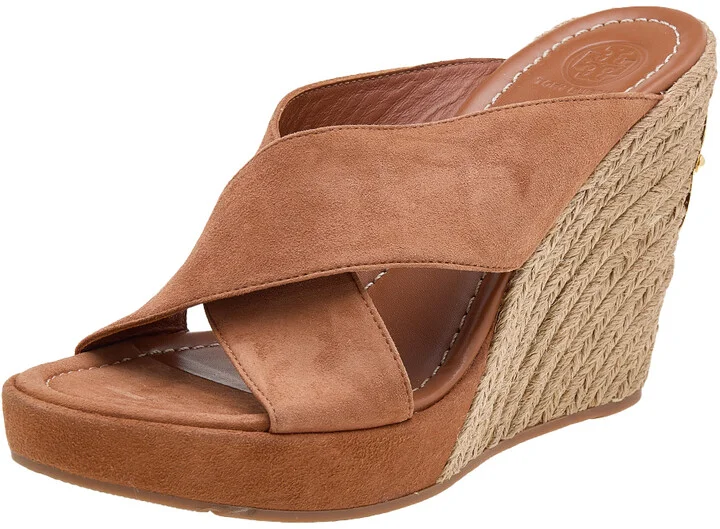 Tory Burch Brown Suede Criss Cross Wedge Platform Slide Sandals Size 39.5