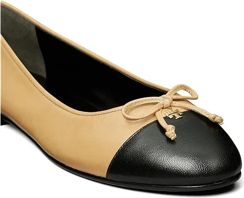 Tory Burch Cap-Toe Ballet Women's Shoes Ginger Shortbread/Perfect Black : 12 M, Leather - Image 3