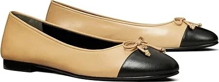 Tory Burch Cap-Toe Ballet Women's Shoes Ginger Shortbread/Perfect Black : 12 M, Leather