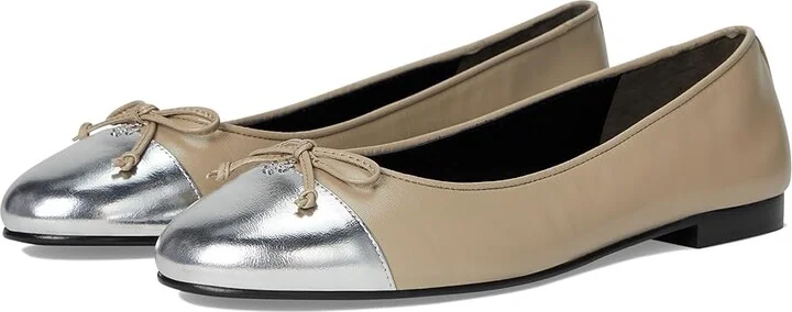 Tory Burch Cap-Toe Ballet Women's Shoes Oyster/Silver : 8.5 M, Leather