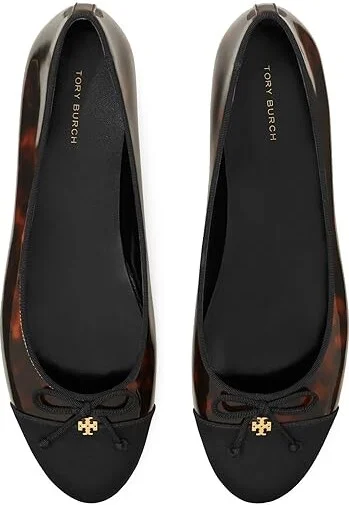 Tory Burch Cap-Toe Ballet Women's Shoes Tortoise Patent/Perfect Black : 10 M, Leather - Image 2