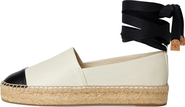 Tory Burch Cap-Toe Espadrille Women's Flat Shoes Light Cream/Perfect Black : 10 M, Leather - Image 6