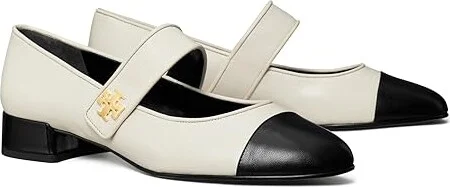 Tory Burch Cap-Toe Mary Jane Heel Ballet 25mm Women's Shoes Light Cream/Perfect Black : 11 M, Leather