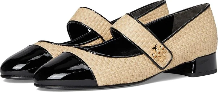 Tory Burch Cap-Toe Mary Jane Heel Ballet 25mm Women's Shoes Natural/Perfect Black : 5.5 M, Leather