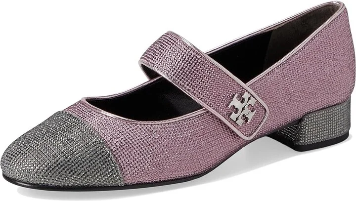 Tory Burch Cap-Toe Mary Jane Pave Heel Ballet 25 mm Women's Flat Shoes Gray Stone/Sparkle Pink : 6 M, Leather/Suede - Image 5