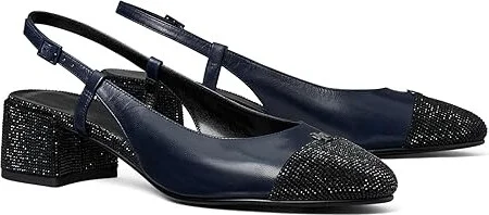 Tory Burch Cap-Toe Pave Slingback 45MM High Women's Heels New Navy/Perfect Black : 10 M, Leather