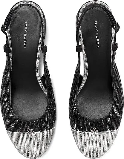 Tory Burch Cap-Toe Pave Slingback 45MM High Women's Heels Perfect Black/Silver : 6.5 M, Leather - Image 2