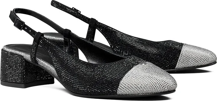 Tory Burch Cap-Toe Pave Slingback 45MM High Women's Heels Perfect Black/Silver : 6.5 M, Leather