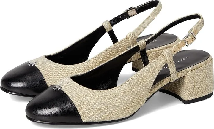 Tory Burch Cap-Toe Slingback 45mm Women's Shoes Wild Wheat/Perfect Black : 8 M, Leather