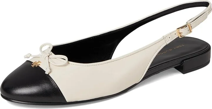 Tory Burch Cap-Toe Slingback Ballet Women's Flat Shoes Light Cream/Perfect Black : 6 M, Leather - Image 5