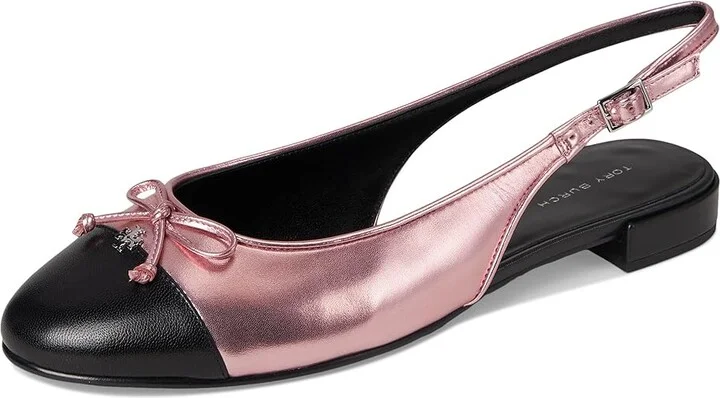 Tory Burch Cap-Toe Slingback Ballet Women's Flat Shoes Pink Etoile/Perfect Black : 6 M, Leather - Image 5