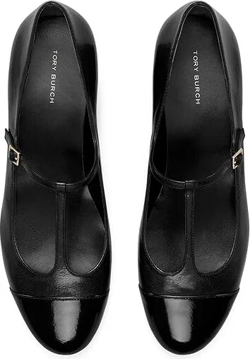 Tory Burch Cap-Toe T Strap Ballet 25MM Women's Flat Shoes Perfect Black/Perfect Black : 5 M, Leather - Image 2