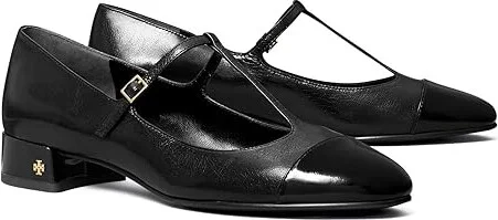Tory Burch Cap-Toe T Strap Ballet 25MM Women's Flat Shoes Perfect Black/Perfect Black : 5 M, Leather