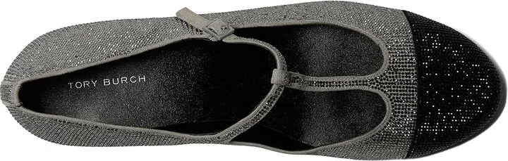 Tory Burch Cap-Toe T-Strap Pave Heel Ballet 25 mm Women's Flat Shoes Lapis Gray/Black Diamond : 10 M, Leather - Image 2