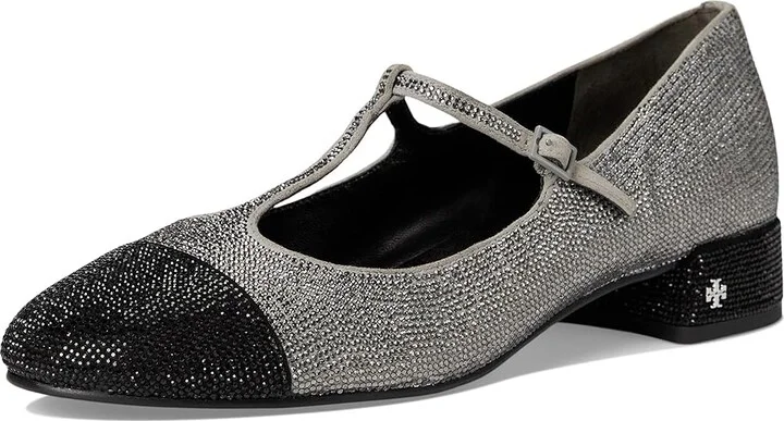Tory Burch Cap-Toe T-Strap Pave Heel Ballet 25 mm Women's Flat Shoes Lapis Gray/Black Diamond : 10 M, Leather - Image 5