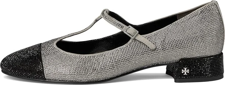 Tory Burch Cap-Toe T-Strap Pave Heel Ballet 25 mm Women's Flat Shoes Lapis Gray/Black Diamond : 10 M, Leather - Image 6