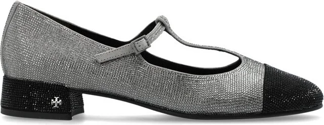 Tory Burch Cap-Toe T-Strap Pavé Heeled Ballet