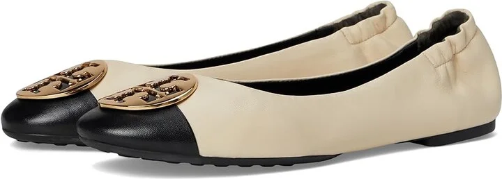 Tory Burch Claire Cap Toe Ballet Women's Shoes New Cream/Black/Gold : 10 M, Leather