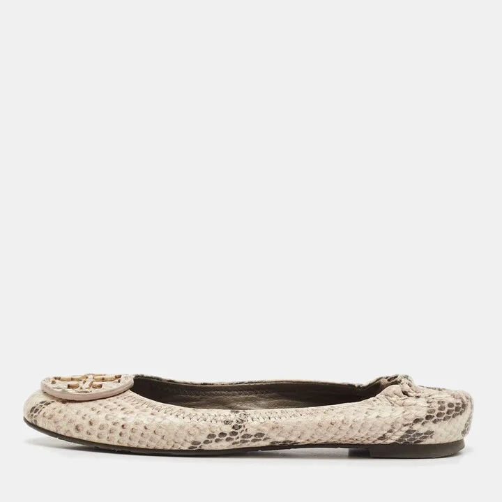 Tory Burch Cream/Black Python Embossed Leather Reva Scrunch Ballet Flats Size 36