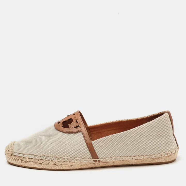 Tory Burch Cream/Brown Canvas Logo Flat Espadrilles Size 39.5