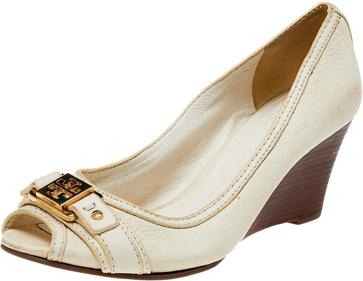 Tory Burch Cream Leather Peep Toe Pumps Size 37.5