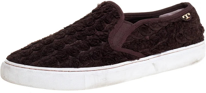 Tory Burch Dark Brown Fabric Rosette Slip On Sneakers Size 40.5