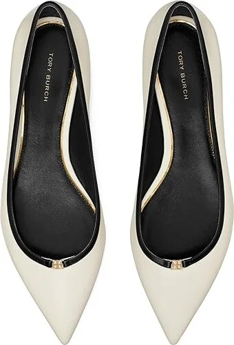 Tory Burch Double T Buckle Pointed Toe Flats Women's Flat Shoes Light Cream/Perfect Black : 9.5 M, Leather - Image 2