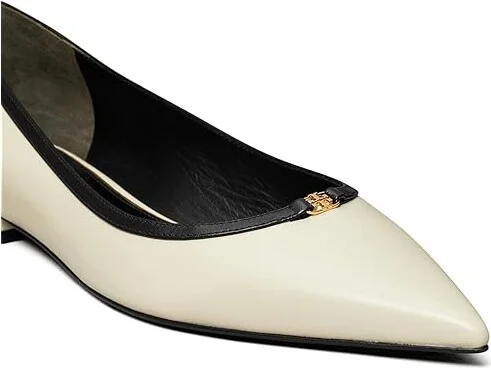Tory Burch Double T Buckle Pointed Toe Flats Women's Flat Shoes Light Cream/Perfect Black : 9.5 M, Leather - Image 3
