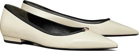 Tory Burch Double T Buckle Pointed Toe Flats Women's Flat Shoes Light Cream/Perfect Black : 9.5 M, Leather