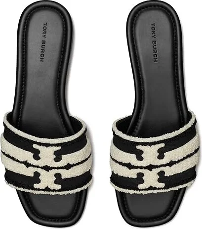 Tory Burch Double T Slides Women's Sandals Nero/Light Alabaster : 5.5 M, Leather - Image 2