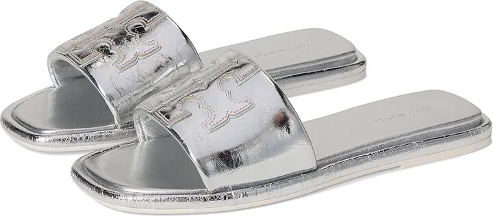 Tory Burch Double T Sport Slide Women's Shoes Silver : 5 M, Leather