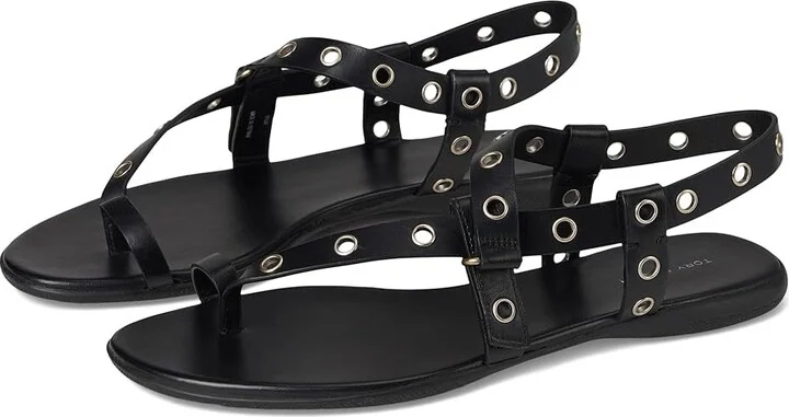 Tory Burch Eyelet Toe Ring Sandals Women's Flat Shoes Perfect Black/Silver : 9.5 M, Leather