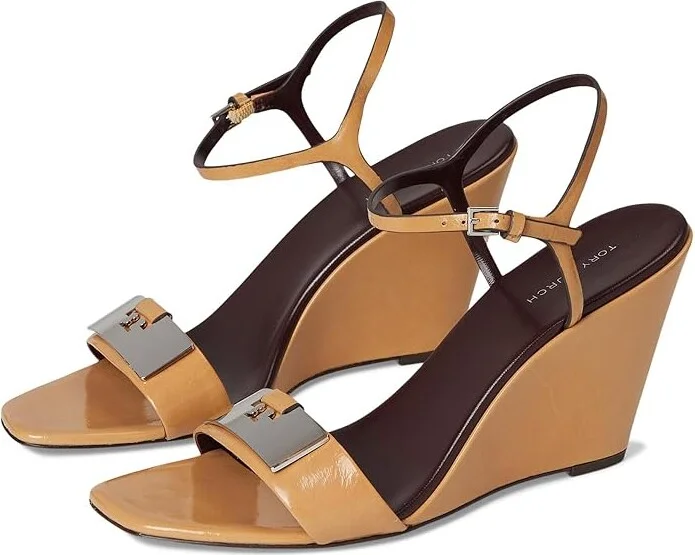Tory Burch Gigi Wedge Sandal 80Mm Women's Sandals Cantucci/Silver : 5 M, Leather