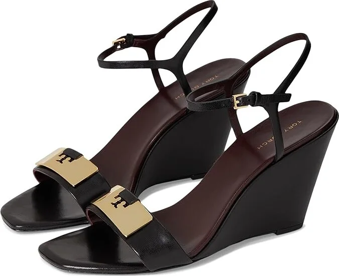 Tory Burch Gigi Wedge Sandal 80Mm Women's Sandals Perfect Black/Gold : 5.5 M, Leather