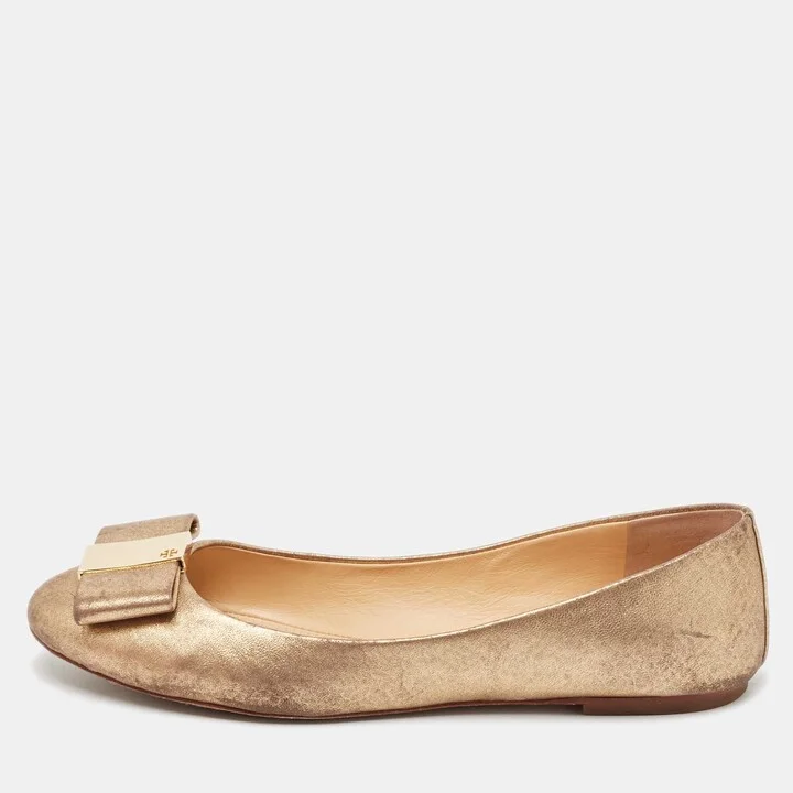Tory Burch Gold Leather Bow Chase Ballet Flats Size 40.5